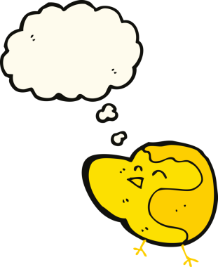 Bir insan tarafından çizilmiş düşünce baloncuklu çizgi film kuşu.