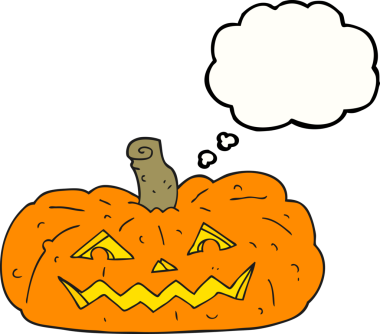 Serbest çizim düşünce baloncuğu karikatürü Cadılar Bayramı balkabağı bir insan tarafından çizildi