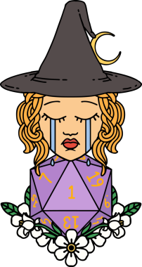 Retro Dövme Tarzı Ağlayan İnsan Cadı Doğal bir D20 zar atışıyla Bir insan tarafından çizilmiş