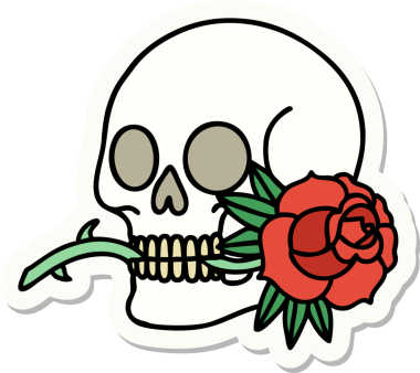 Geleneksel kafatası stili dövme çıkartması ve bir insan tarafından çizilmiş gül.