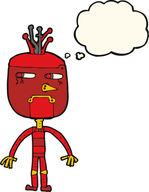 Bir insan tarafından çizilmiş düşünce baloncuklu komik robot.