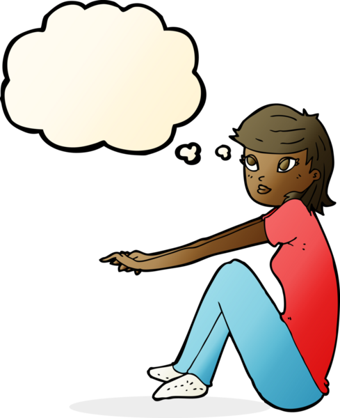 Bir insan tarafından çizilmiş düşünce baloncuğuyla oturan güzel kız.