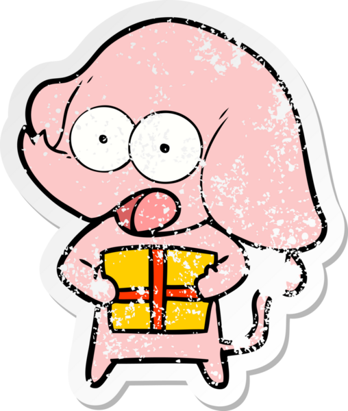 Bir insan tarafından çizilmiş Noel hediyeli şirin bir filin sıkıntılı çıkartması.