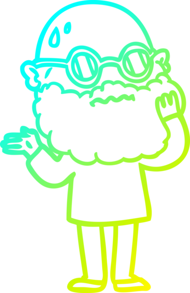 Bir insan tarafından çizilmiş sakallı ve güneş gözlüklü endişeli bir çizgi film çizimi.