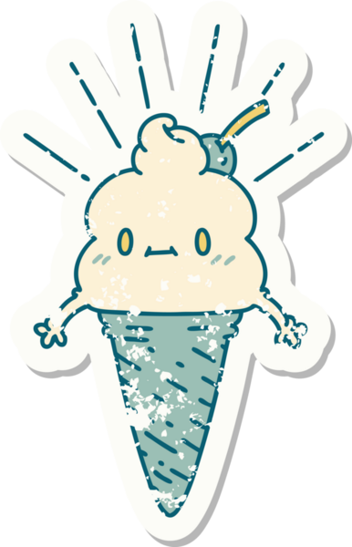 Bir insan tarafından çizilmiş dövmeli dondurma karakterinin eski bir çıkartması.