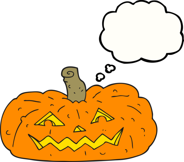 Serbest çizim düşünce baloncuğu karikatürü Cadılar Bayramı balkabağı bir insan tarafından çizildi