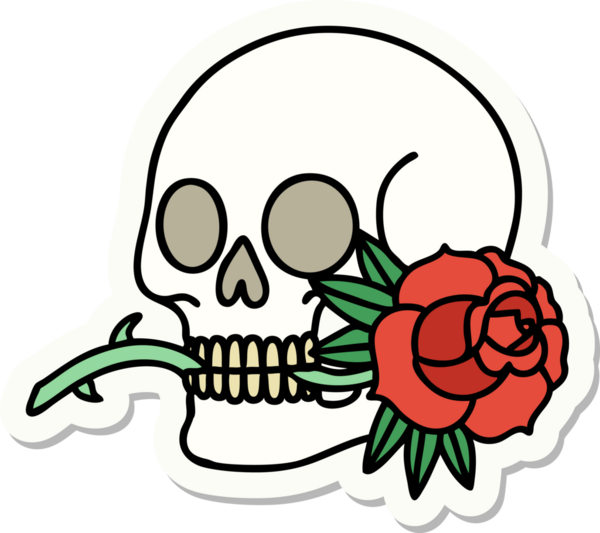 Geleneksel kafatası stili dövme çıkartması ve bir insan tarafından çizilmiş gül.