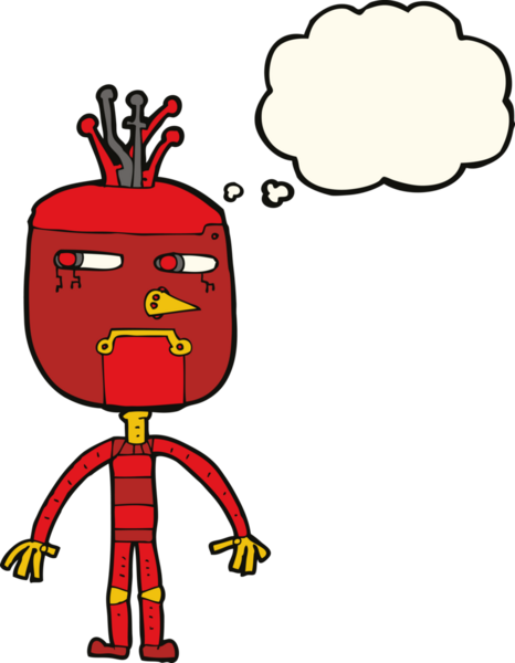 Bir insan tarafından çizilmiş düşünce baloncuklu komik robot.