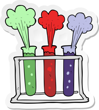 Bir insan tarafından çizilmiş test tüplerinin olduğu çizgi film etiketi.