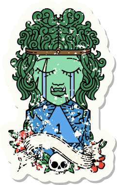 Ağlayan ork barbar karakterli bir yüzün grunge çıkartması. Bir insan tarafından çizilmiş doğal bir D20 rulo.