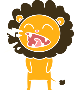 Düz renkli karikatür kükreyen aslan bir insan tarafından çizilmiş.