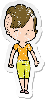 Bir insan tarafından çizilmiş, gözlerini kısan bir çizgi film karakterinin sıkıntılı çıkartması.