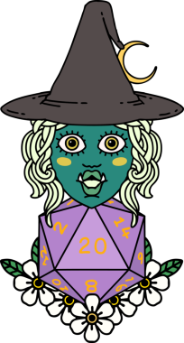 Retro Dövme Biçimi Yarı Ork Cadı Bir insan tarafından çizilmiş 20 zar ile