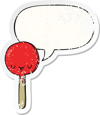 çizgi film şekerleme lolipopu konuşma baloncuğu ile sıkıntılı eski bir çıkartma bir insan tarafından çizilmiş