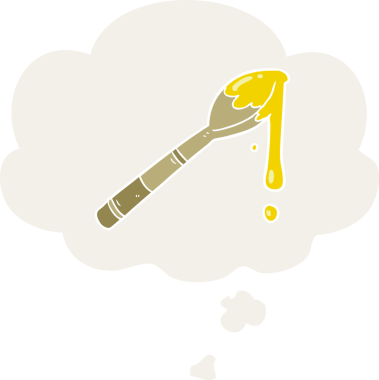 Bir insan tarafından çizilmiş, düşünce baloncuklu bir kaşık dolusu bal.