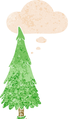 Düşünce baloncuğu olan karikatür noel ağacı grunge sıkıntılı retro dokuma tarzı bir insan tarafından çizilmiş