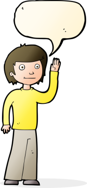 Bir insan tarafından çizilmiş konuşma baloncuğuyla el sallayan çizgi film dostu çocuk.