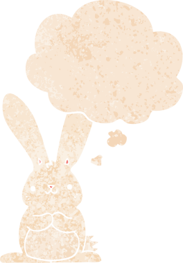 Düşünce baloncuklu çizgi film tavşanı grunge dertli eski moda bir insan tarafından çizilmiş.