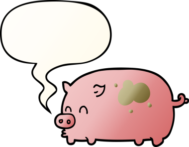 Bir insan tarafından çizilmiş konuşma baloncuklu şirin çizgi film domuzu.