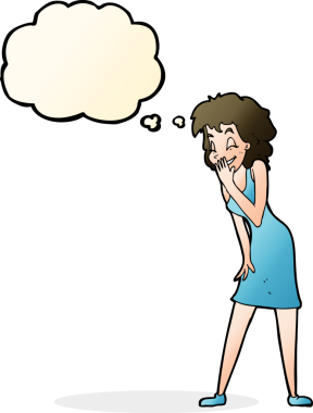 Bir insan tarafından çizilmiş düşünce baloncuğuyla gülen çizgi film kadını.