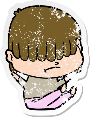 Bir insan tarafından çizilmiş dağınık saçlı bir çizgi film çocuğunun sıkıntılı çıkartması.