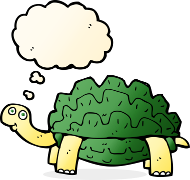 Bir insan tarafından çizilmiş düşünce baloncuklu karikatür kaplumbağası.