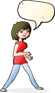 Bir insan tarafından çizilmiş bir konuşma balonuyla yürüyen bir karikatür kadını.