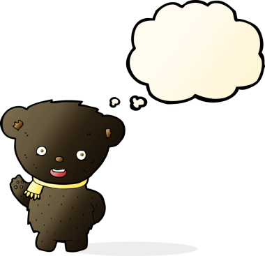 Bir insan tarafından çizilmiş düşünce baloncuğuyla sallanan siyah ayı çizgi filmi.