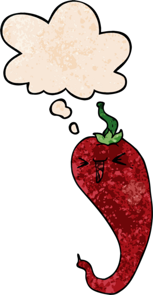 bir insan tarafından çizilmiş grunge desenli düşünce baloncuklu sıcak kırmızı biber çizgi filmi.