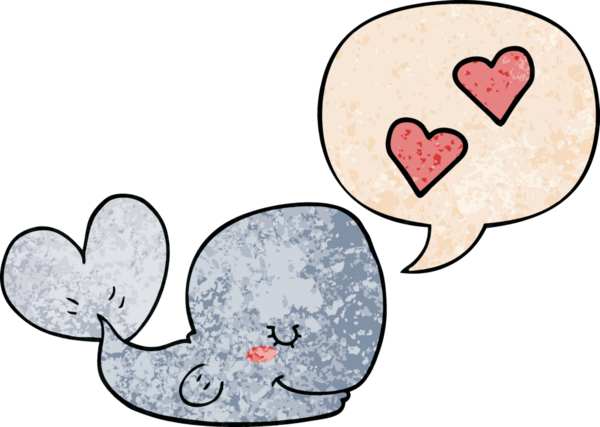 Çizgi film balinası konuşma baloncuğuna aşık bir insan tarafından çizilmiş retro doku tarzıyla