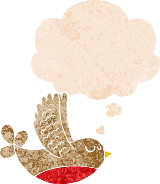 Düşünce baloncuğu ve grunge ile çizgi film kuşu bir insan tarafından çizilmiş sıkıntılı retro tarzı