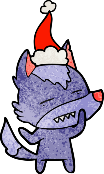 Bir insanın çizdiği Noel Baba şapkasını takan bir kurdun el çizimi karikatürü.