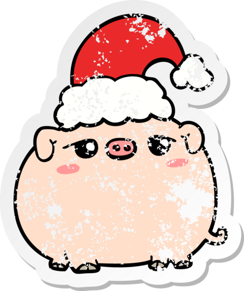 Bir insan tarafından çizilmiş Noel şapkası giyen bir domuzun sıkıntılı çıkartması.