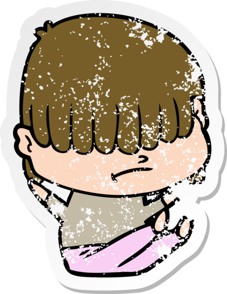 Bir insan tarafından çizilmiş dağınık saçlı bir çizgi film çocuğunun sıkıntılı çıkartması.