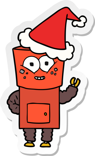 Bir insanın çizdiği Noel Baba şapkasıyla el sallayan bir robotun mutlu el çizimi karikatürü.