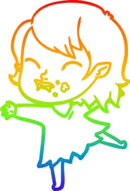 Gökkuşağı gradyan çizgisi. Bir insan tarafından çizilmiş yanağında kan olan vampir bir kız çizgi filmi.