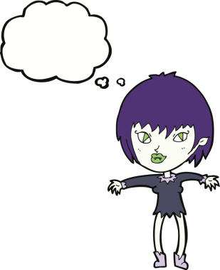 Bir insan tarafından çizilmiş düşünce balonlu vampir kız.