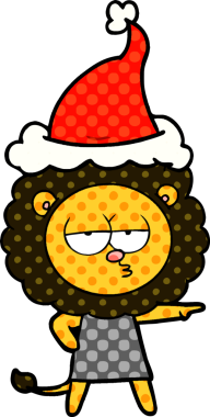 Bir insan tarafından çizilmiş Noel Baba şapkası giymiş sıkılmış bir aslanın el çizimi çizgi roman tarzı çizimi.