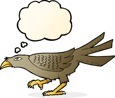 Bir insan tarafından çizilmiş düşünce baloncuklu çizgi film kuşu.