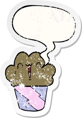 Yüzü konuşma baloncuğu olan çizgi film keki bir insan tarafından çizilmiş sıkıntılı eski bir çıkartma