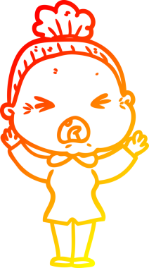 Bir insan tarafından çizilmiş kızgın yaşlı bir kadının sıcak çizgi çizimi.