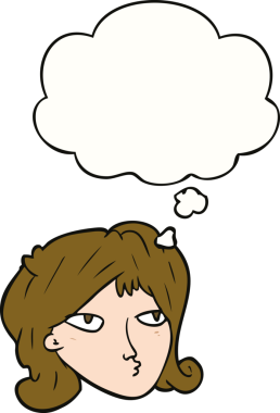 Bir insan tarafından çizilmiş düşünce baloncuğu olan çizgi film kadını.