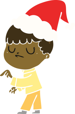 Bir insan tarafından çizilmiş Noel Baba şapkası giyen huysuz bir çocuğun düz renkli çizimi.