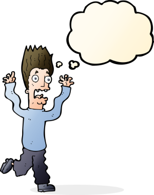 Bir insan tarafından çizilmiş düşünce baloncuğuyla dehşete düşmüş bir adam.