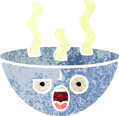 Bir insan tarafından çizilmiş sıcak bir çorba kasesinin retro çizim tarzı karikatürü.