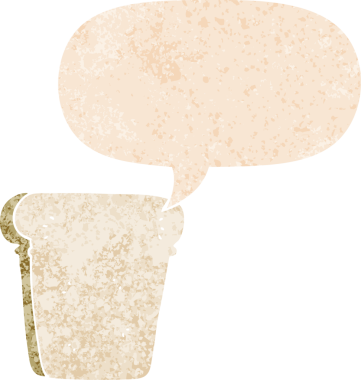 Bir insan tarafından çizilmiş, grunge dertli retro desenli konuşma baloncuklu bir ekmek dilimi.