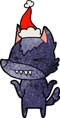 Kızgın kurt eli, bir insan tarafından çizilmiş Noel Baba şapkası giymiş bir karikatür çizmiş.