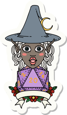 Bir insan tarafından çizilmiş doğal yirmi zarlı elf büyücü karakterinin çıkartması.