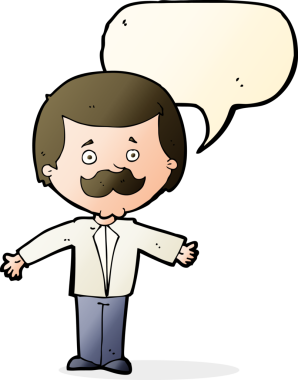 Bir insan tarafından çizilmiş konuşma balonuyla kollarını açmış çizgi film bıyıklı adam.