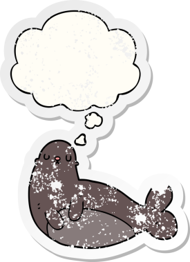 Düşünce baloncuklu karikatür mührü bir insan tarafından çizilmiş yıpranmış bir çıkartma gibi.